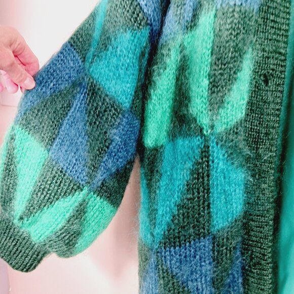Mohair Label Irish Mohair & Wool Geo Print Cardigan, Greens & Peacock Blue ? Med - Picture 7 of 16